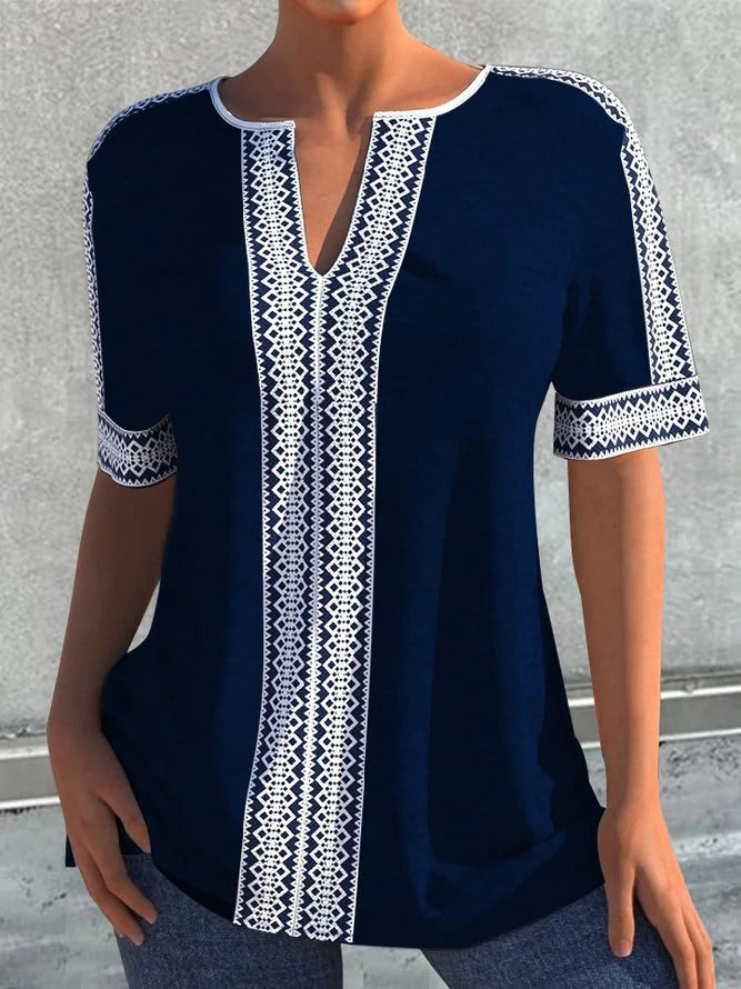 White Fancy Print Navy Blue Tunic Top