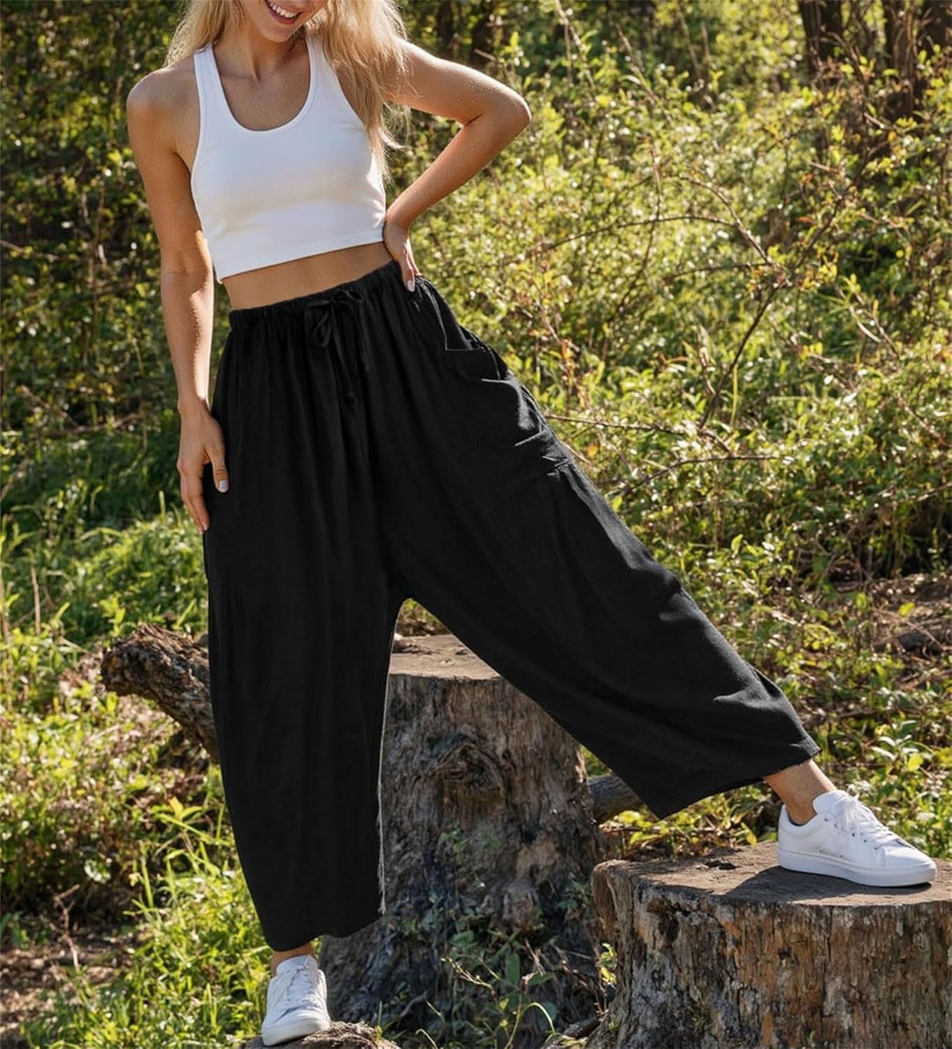 Womens Linen Wide Leg Pants Summer Casual with Pockets