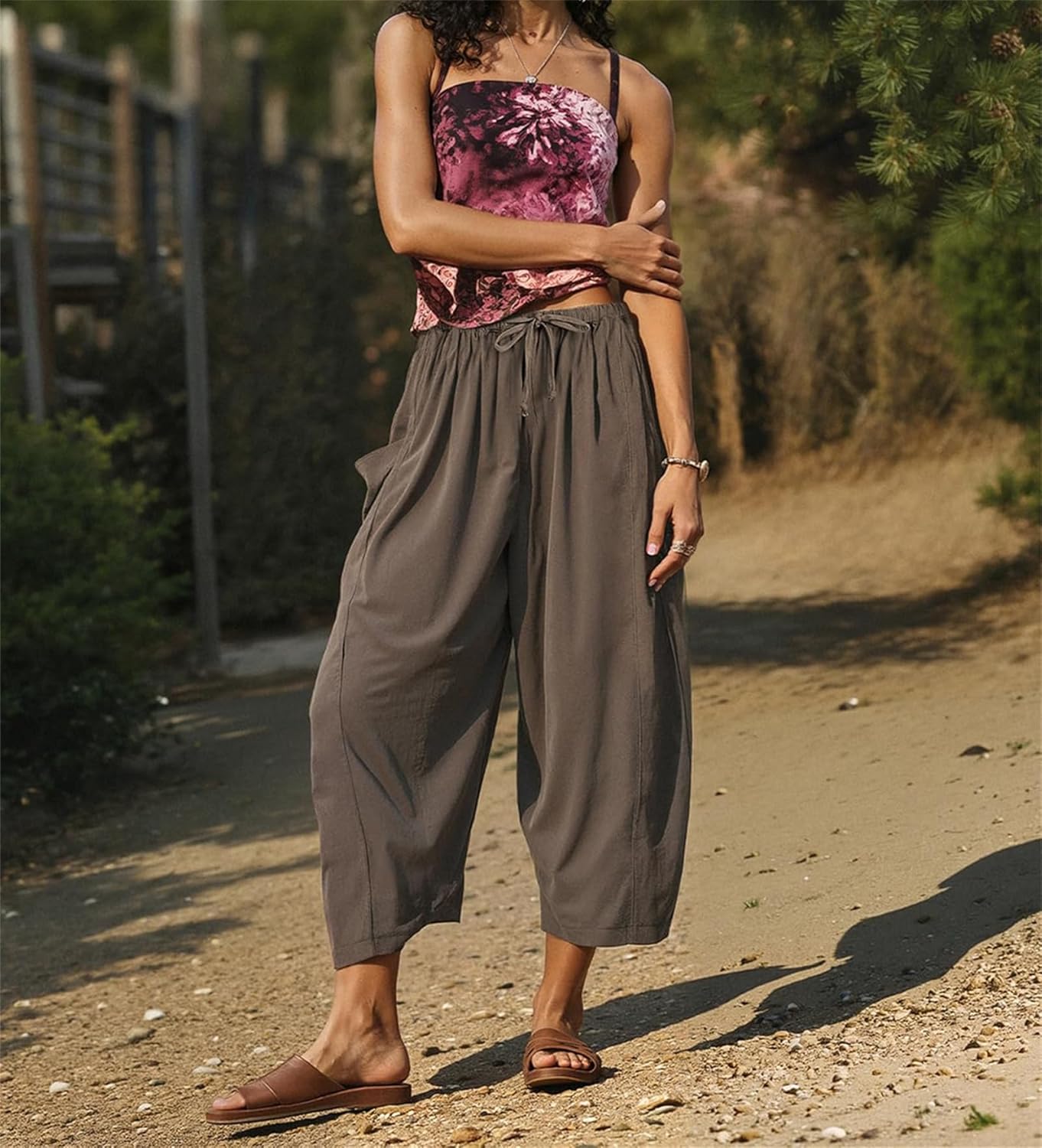 Womens Linen Wide Leg Pants Summer Casual with Pockets