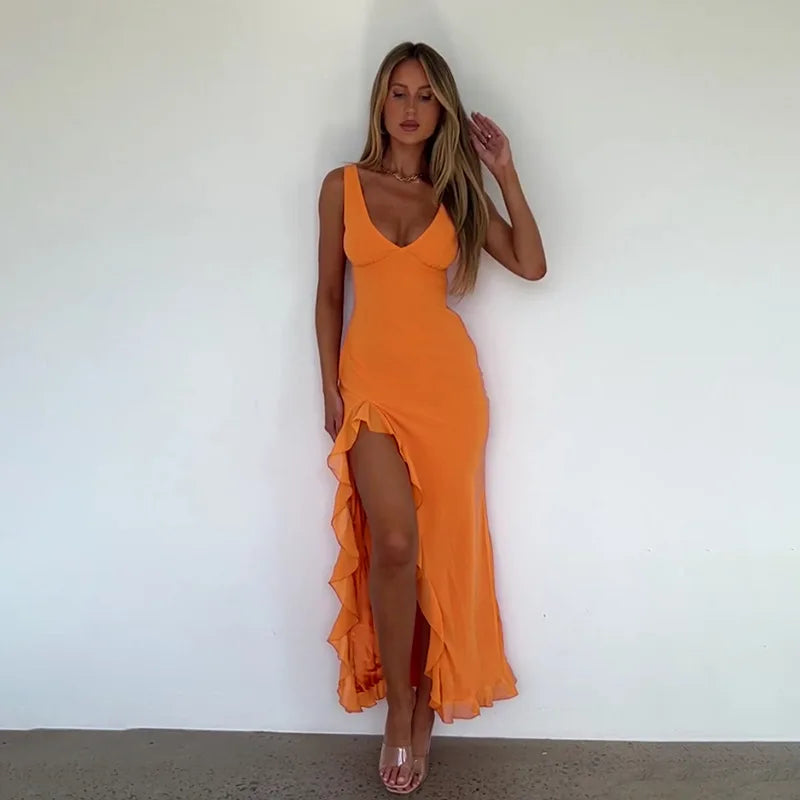 Aure Paris Slit Maxi Ruffled Dress