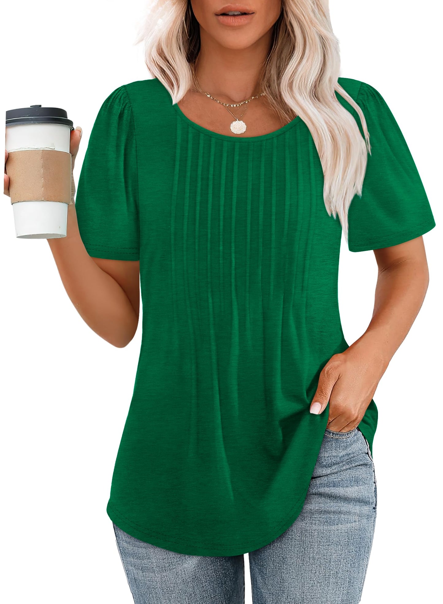 Hot Sale-Women's Short Sleeve Pleated Dressy Casual Scooped Neck Tops