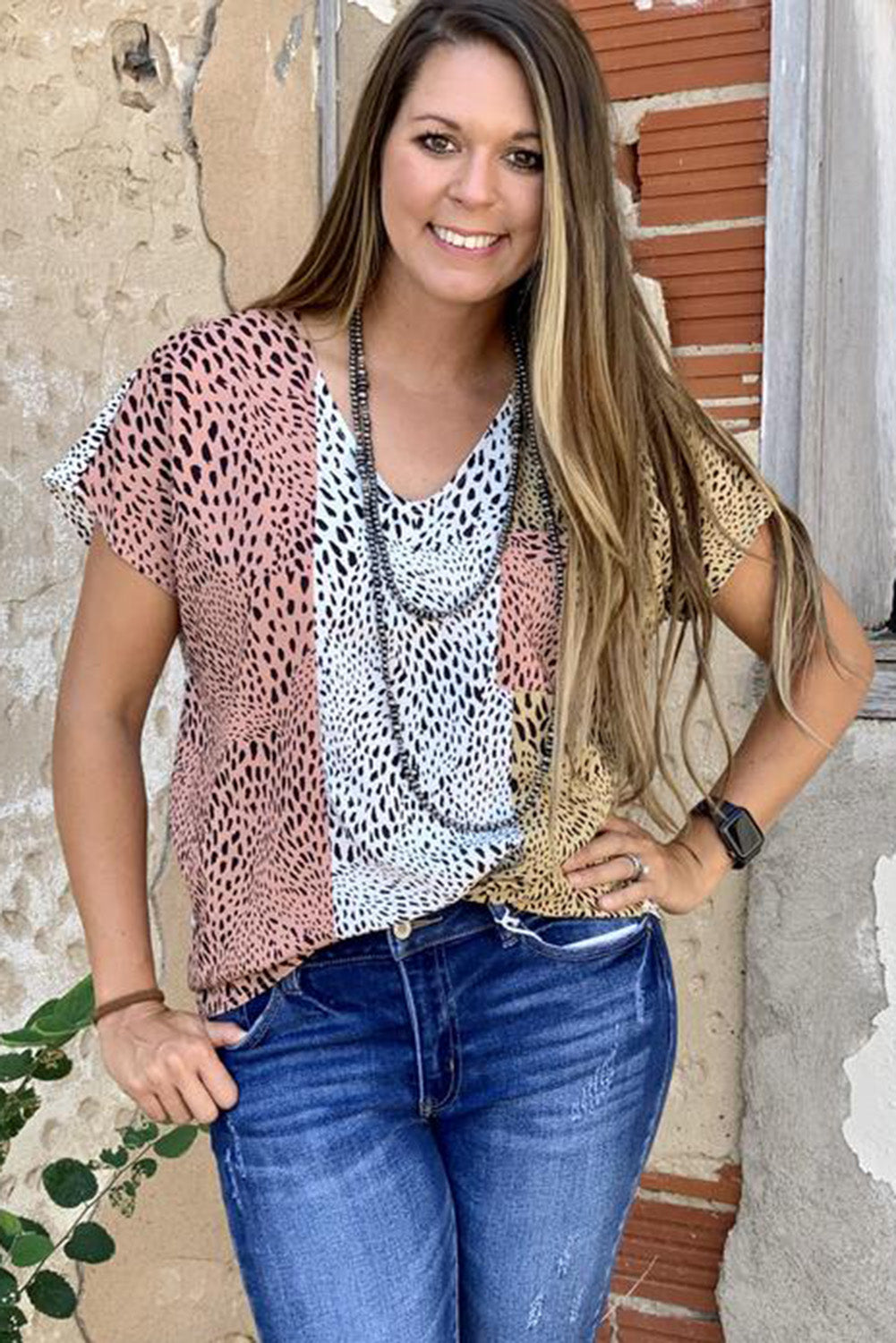 Plus Size Mix Leopard Short Sleeve Top