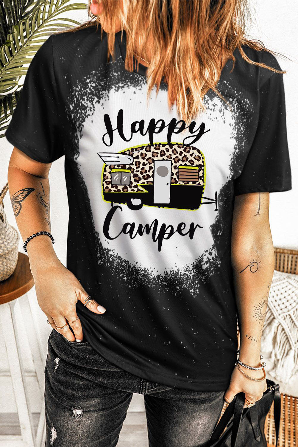 Western Pattern Leopard Letter Print Short Sleeve T-shirt