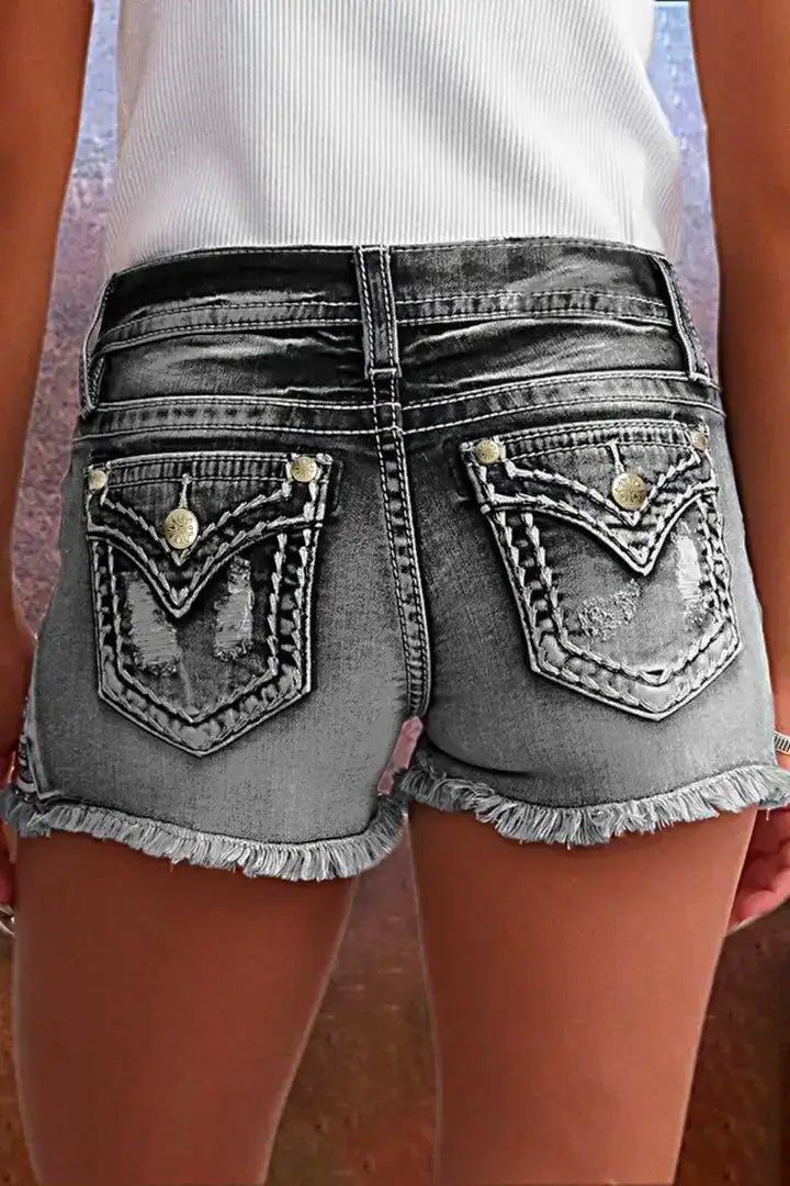 Star & Striped Embroidered Ripped Raw Hem Denim Shorts