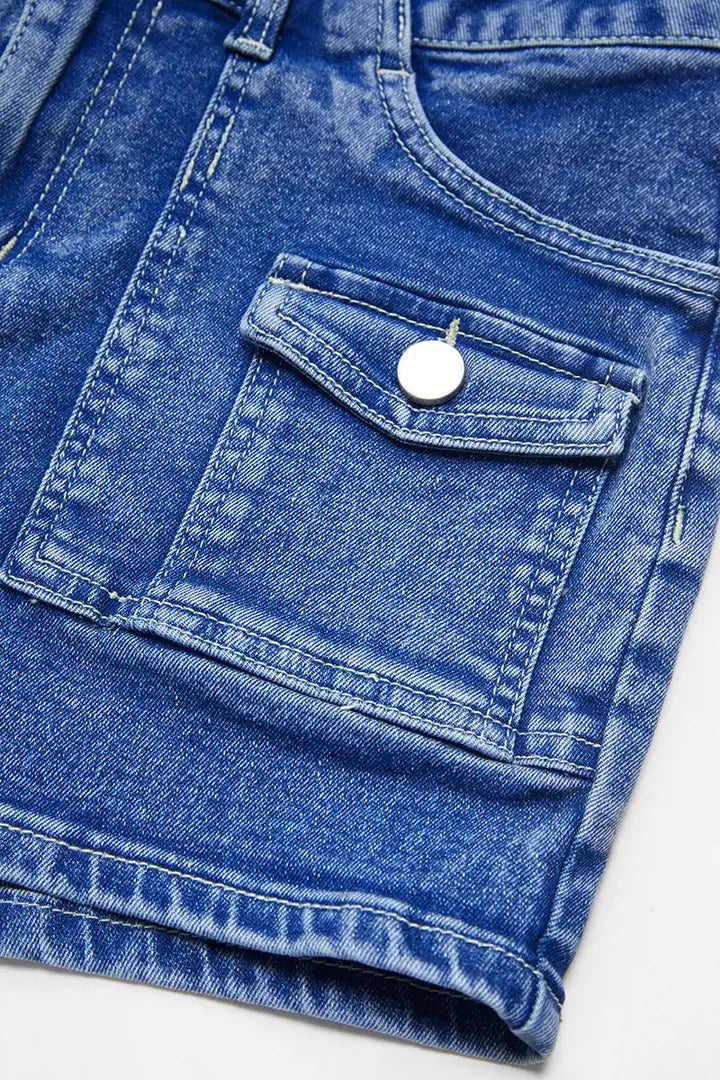 Wash Flap Pocket Front Mid Waist Denim Shorts