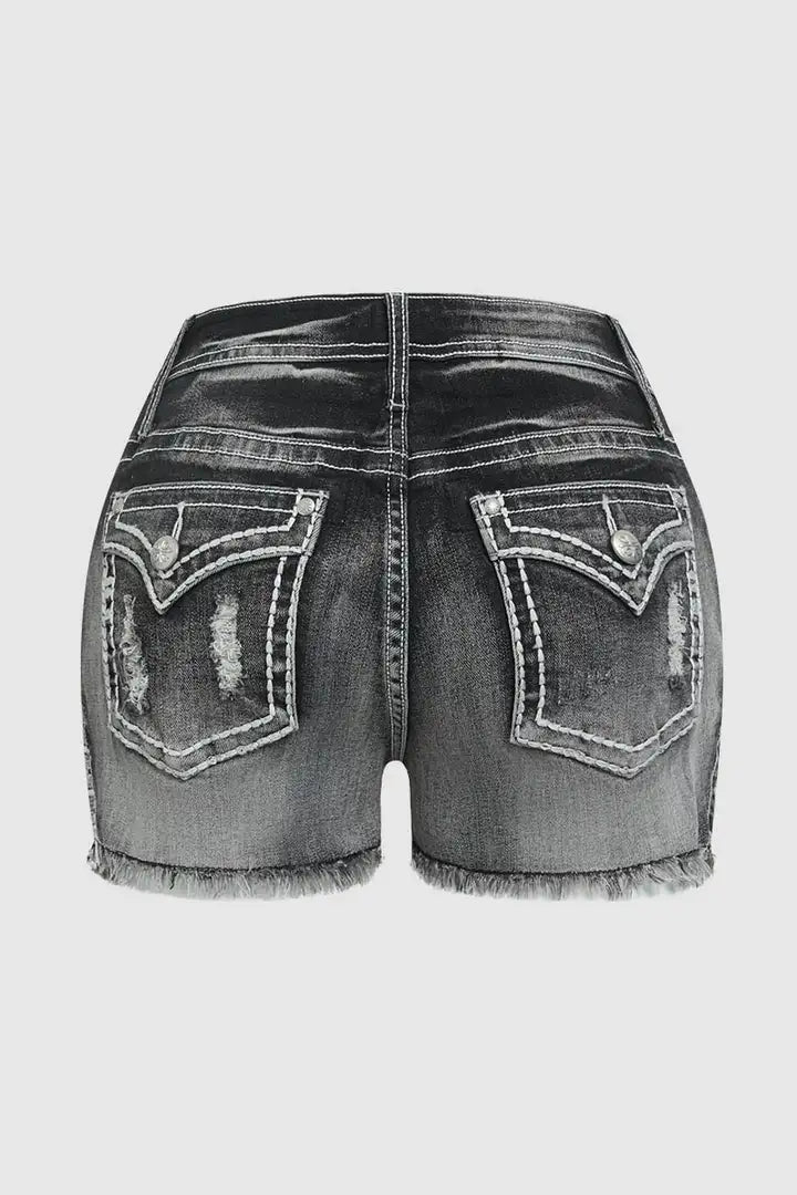 Star & Striped Embroidered Ripped Raw Hem Denim Shorts
