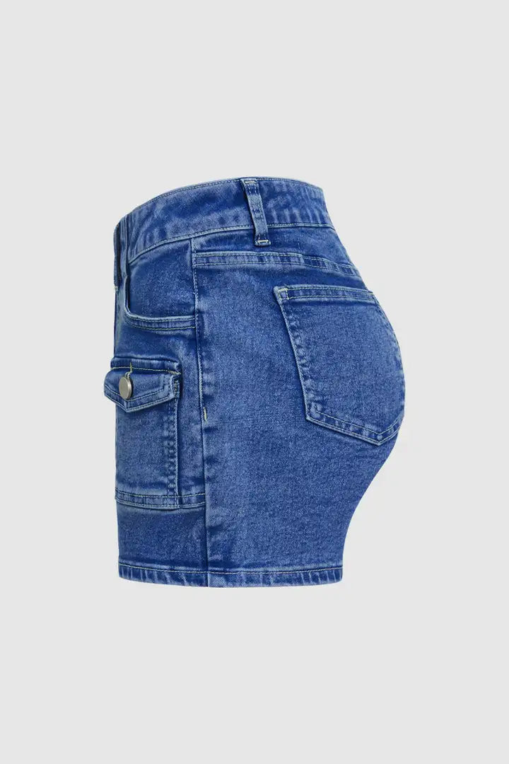Wash Flap Pocket Front Mid Waist Denim Shorts