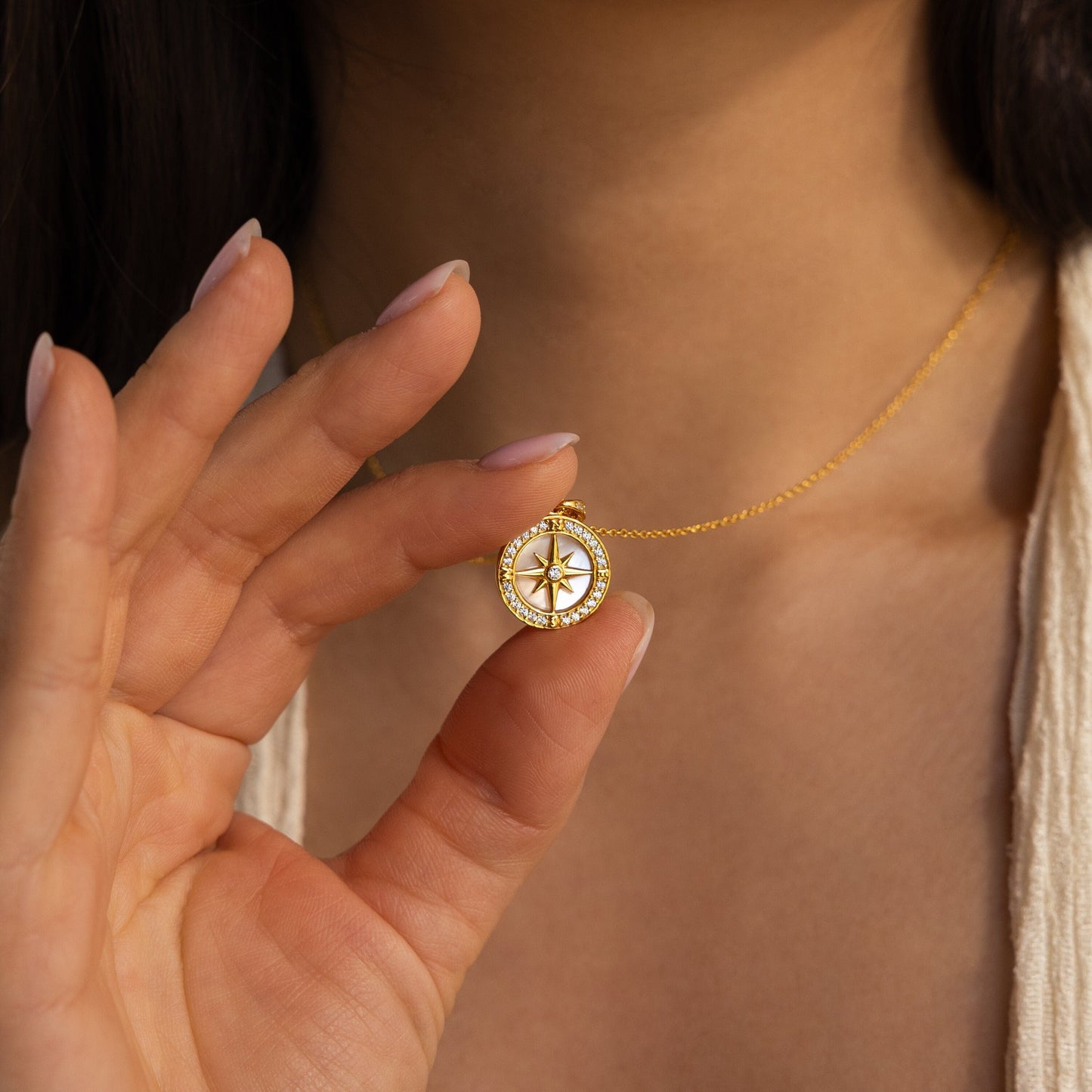 Pave Pearl Compass Necklace