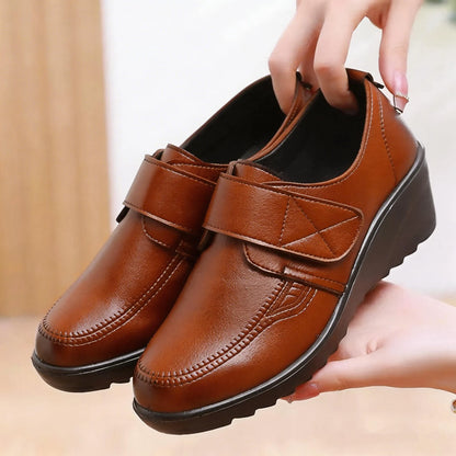 Comfortable Leather Wedge Shoes with Secure Velcro Strap for All-Day Comfort