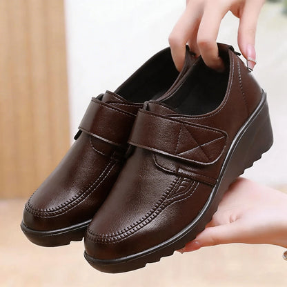 Comfortable Leather Wedge Shoes with Secure Velcro Strap for All-Day Comfort