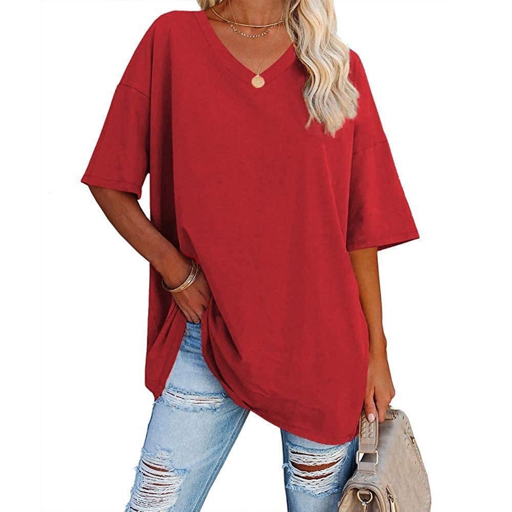 Women's Plus Size V-Neck Cotton T-Shirt – Casual Loose Fit Half-Sleeve Top