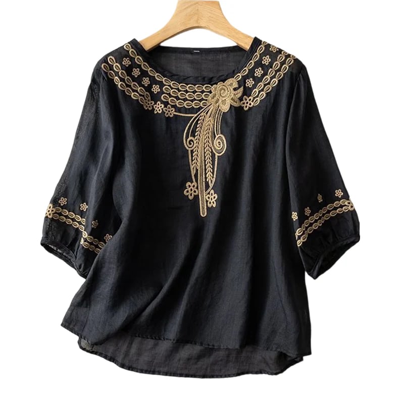 👚 LIMITED-TIME 49% OFF! 💥 Women's Embroidered Cotton-Linen Blend Blouse – Floral Cutouts, Round Neck, Relaxed Fit ✨