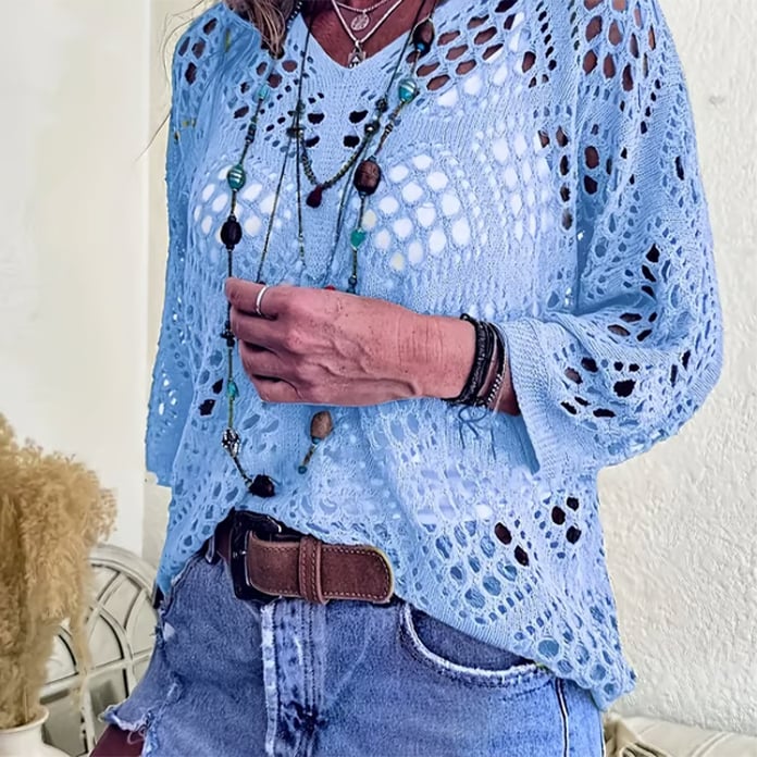 Womens Bohemian-Inspired Beige Crochet Top with V-Neck