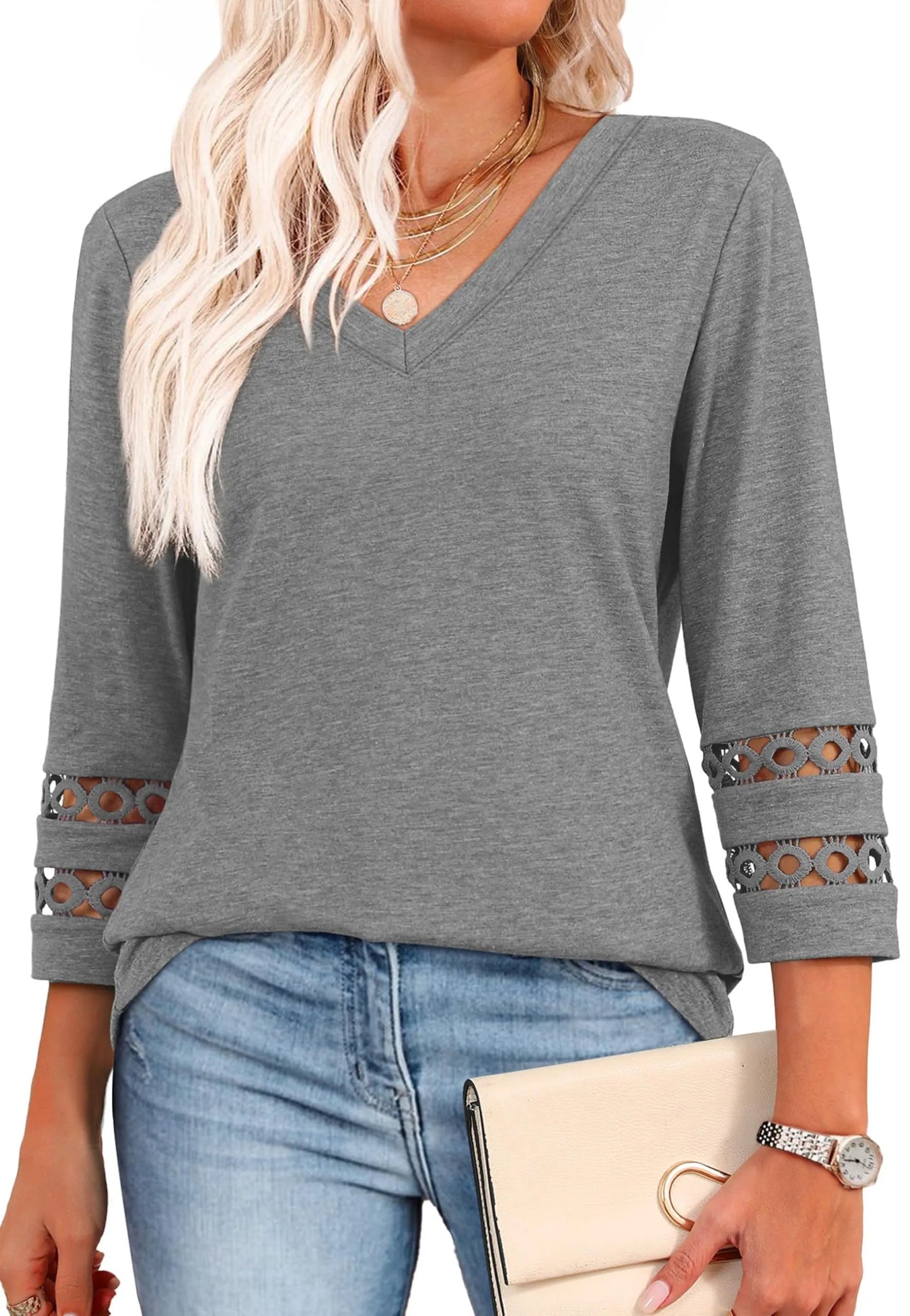 2025 Women’s Casual V-Neck T-Shirts  3/4 Length Sleeve Fashion Tops