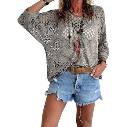 Womens Bohemian-Inspired Beige Crochet Top with V-Neck