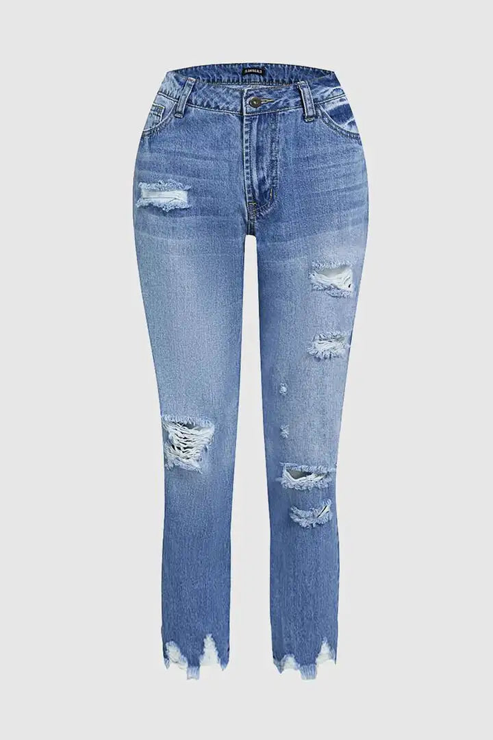 Wash Ripped Raw Hem Mid Rise Crop Jeans