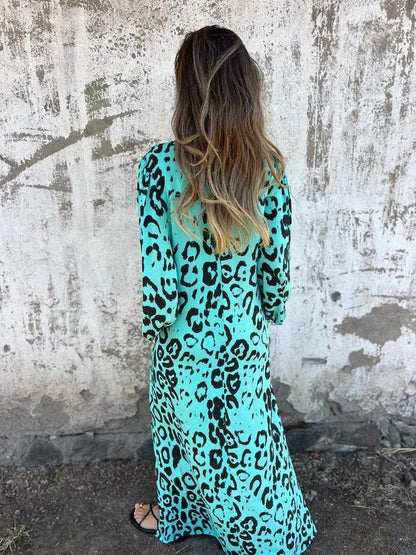Leopard Print Loose V-neck Pocket Holiday Style Maxi Dress