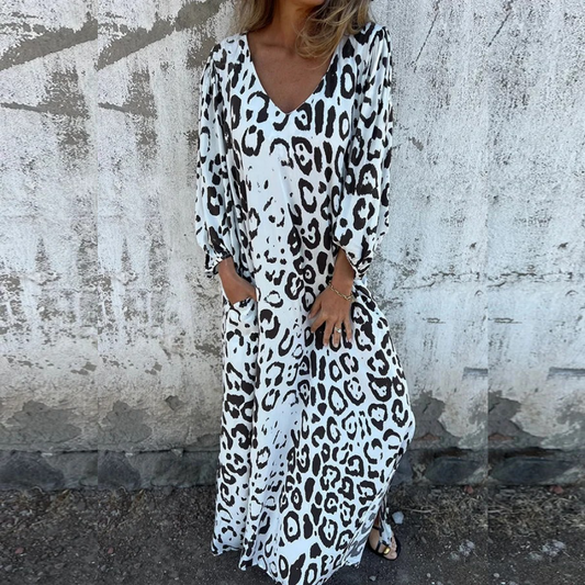 Leopard Print Loose V-neck Pocket Holiday Style Maxi Dress