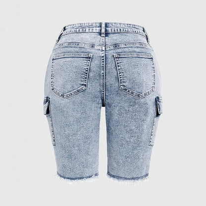 High Rise Jean Shorts Flat Flap Pocket Frayed Raw Hem Denim Shorts Bermuda Shorts