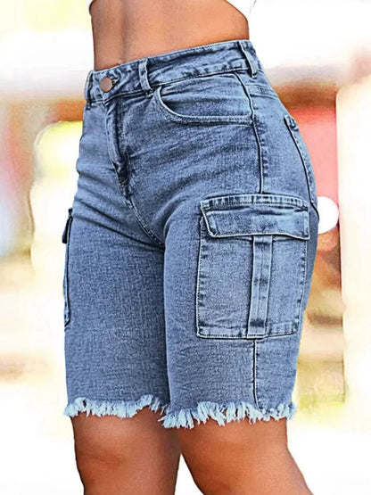 High Rise Jean Shorts Flat Flap Pocket Frayed Raw Hem Denim Shorts Bermuda Shorts