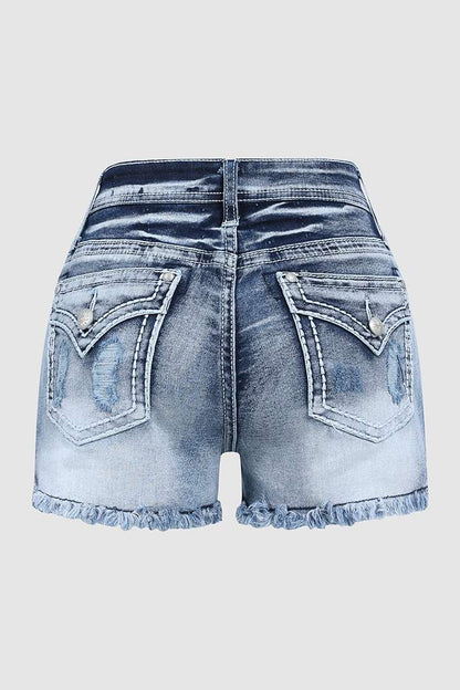 Star & Striped Embroidered Ripped Raw Hem Denim Shorts