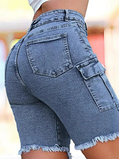 High Rise Jean Shorts Flat Flap Pocket Frayed Raw Hem Denim Shorts Bermuda Shorts