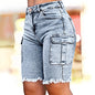 High Rise Jean Shorts Flat Flap Pocket Frayed Raw Hem Denim Shorts Bermuda Shorts