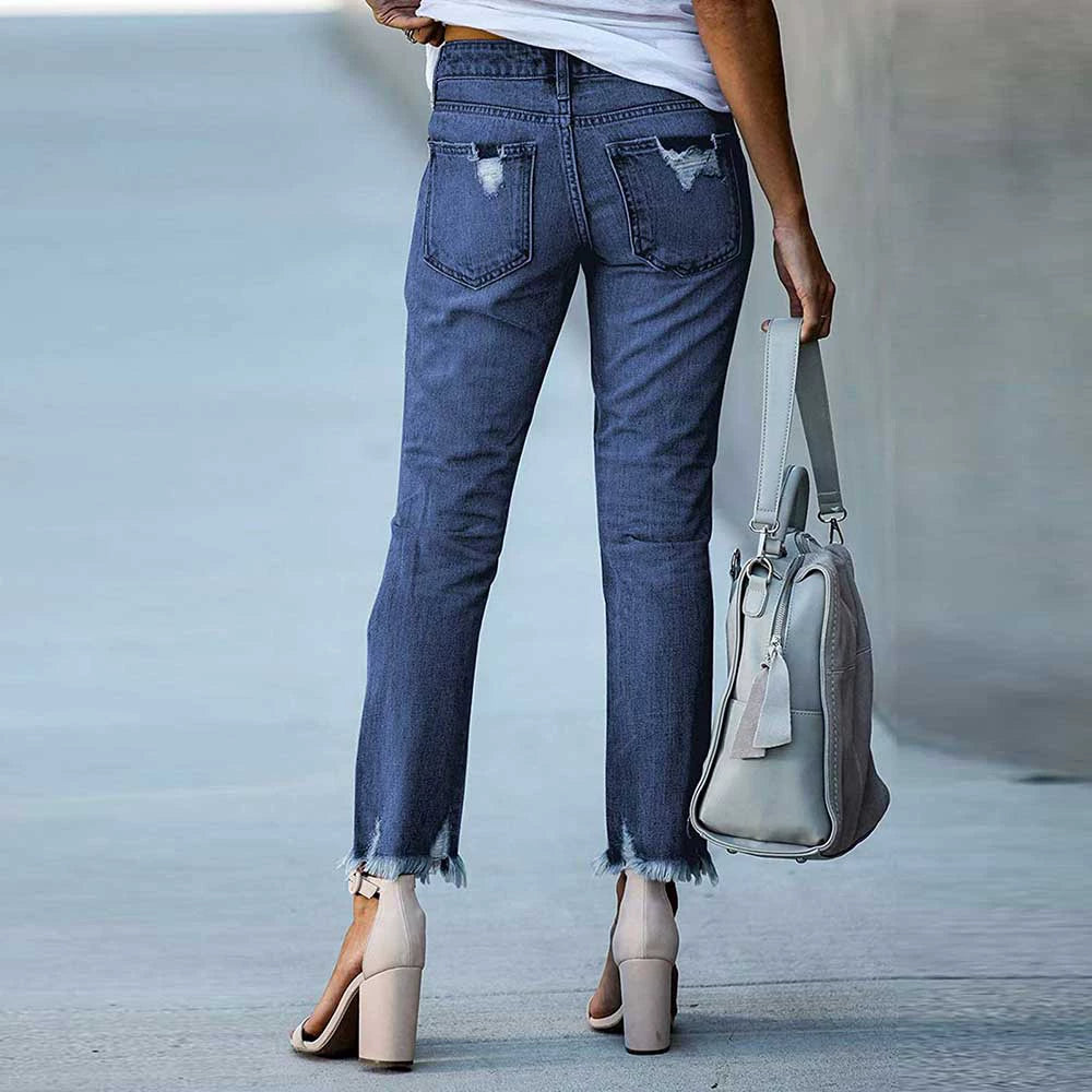 Wash Ripped Raw Hem Mid Rise Crop Jeans