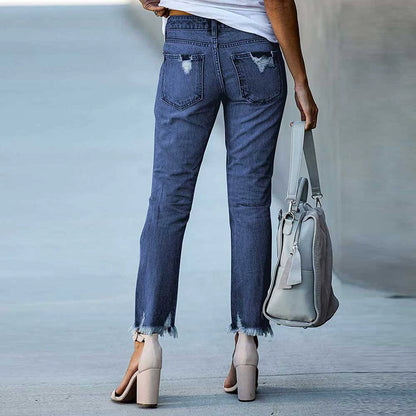 Wash Ripped Raw Hem Mid Rise Crop Jeans