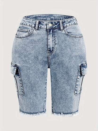High Rise Jean Shorts Flat Flap Pocket Frayed Raw Hem Denim Shorts Bermuda Shorts