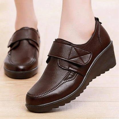 Comfortable Leather Wedge Shoes with Secure Velcro Strap for All-Day Comfort