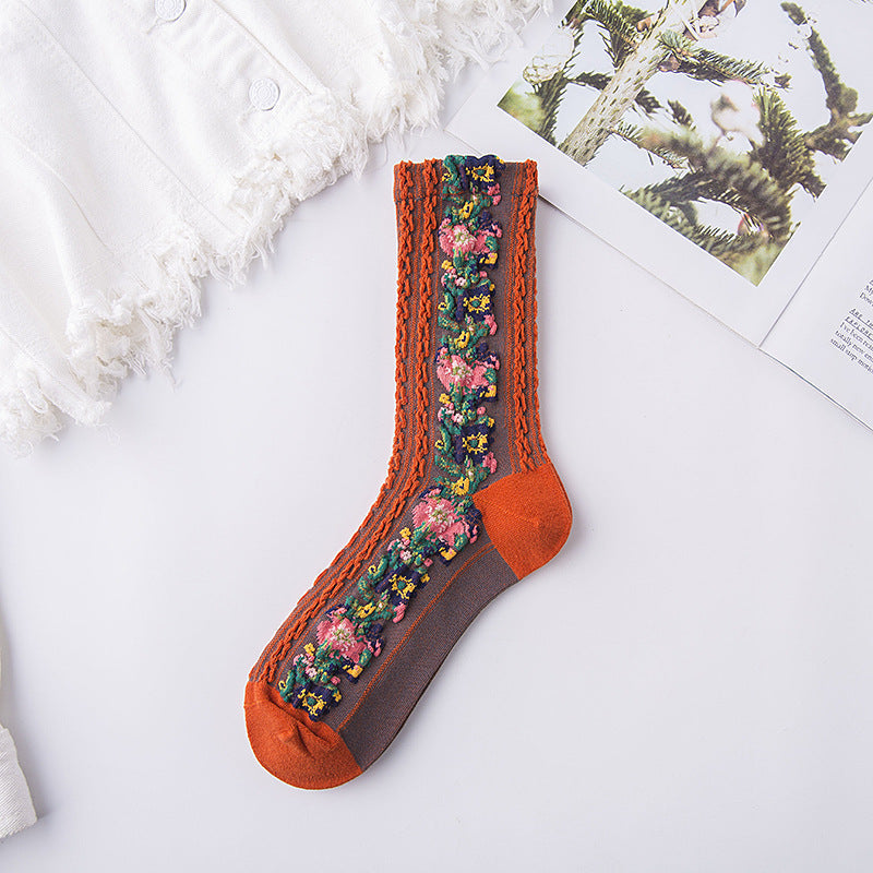 5 pairs Vintage Embroidered Floral Socks