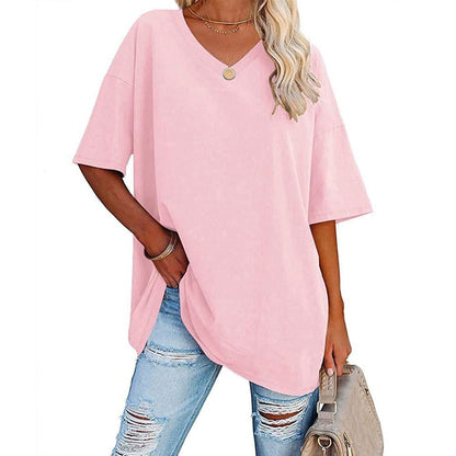 Women's Plus Size V-Neck Cotton T-Shirt – Casual Loose Fit Half-Sleeve Top