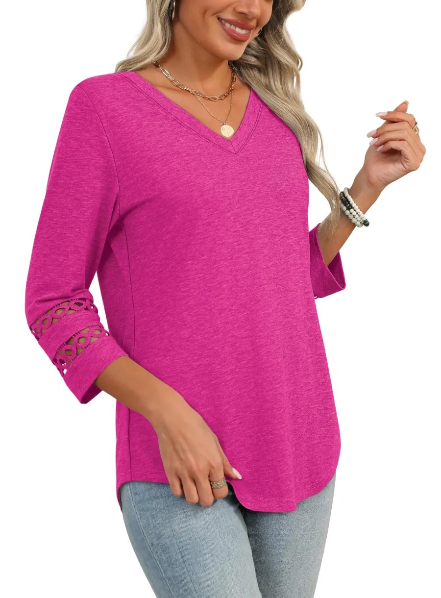 2025 Women’s Casual V-Neck T-Shirts  3/4 Length Sleeve Fashion Tops