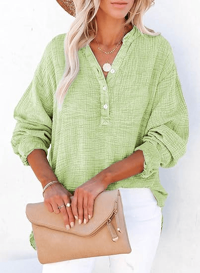 Womens Casual Gauze Button Neck Long Sleeve Oversized Blouses Tops
