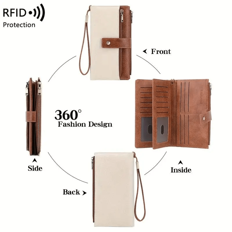 Women's long wallet, stylish clutch, elegant solid color RFID blocking leather wallet