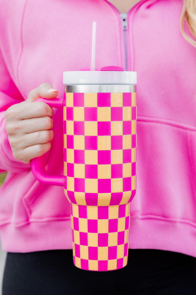 Sippin' Pretty Pink and Orange Checkered 40 oz Drink Tumbler With Lid And Straw