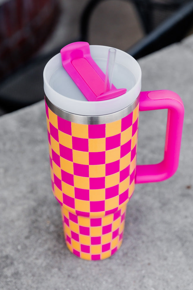 Sippin' Pretty Pink and Orange Checkered 40 oz Drink Tumbler With Lid And Straw