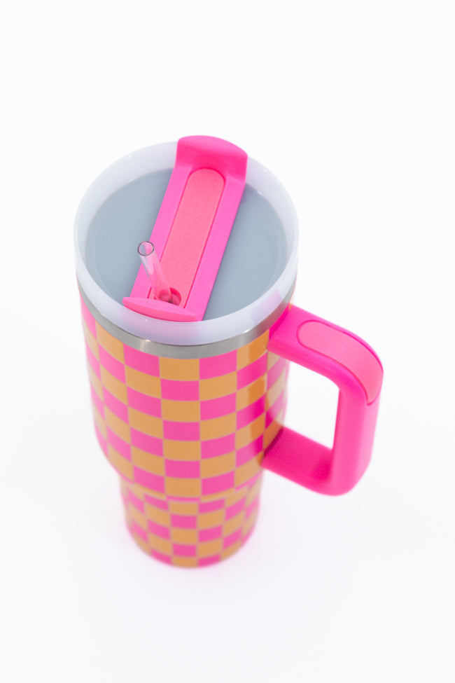 Sippin' Pretty Pink and Orange Checkered 40 oz Drink Tumbler With Lid And Straw