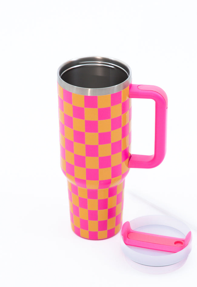 Sippin' Pretty Pink and Orange Checkered 40 oz Drink Tumbler With Lid And Straw