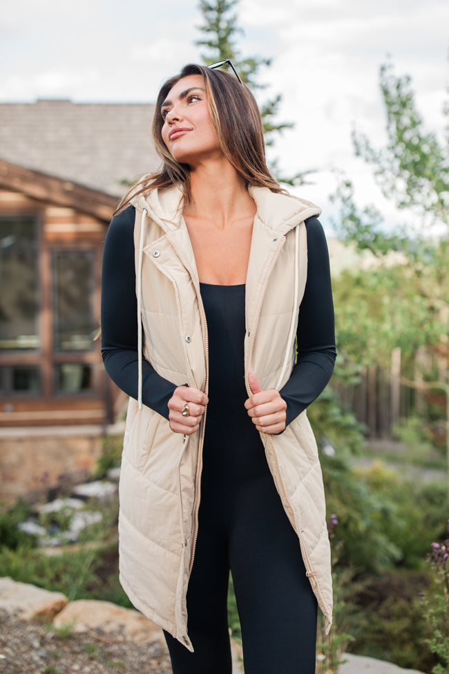 Up The Hill Beige Midi Puffer Vest