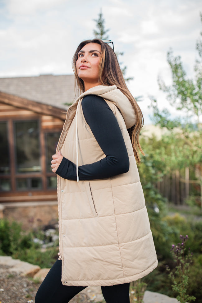 Up The Hill Beige Midi Puffer Vest