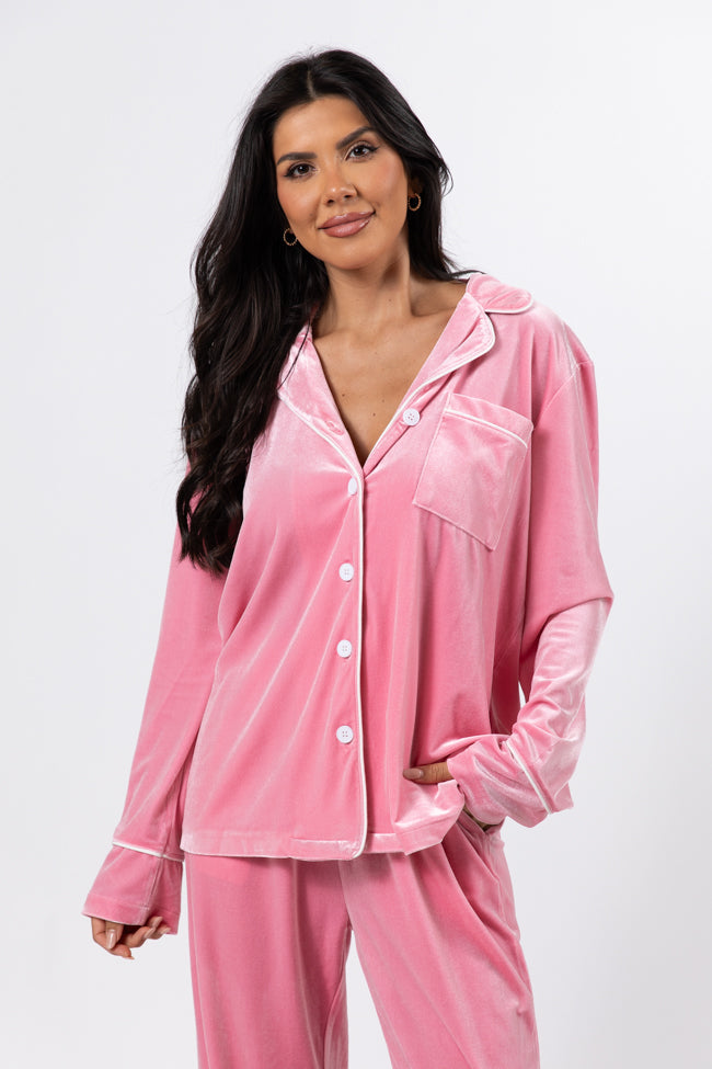 Asking Again Pink Velvet Button Front Lounge Top