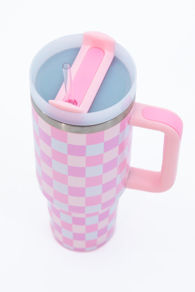 Sippin' Pretty Multi Pastel Checkered 40 oz Drink Tumbler With Lid And Straw