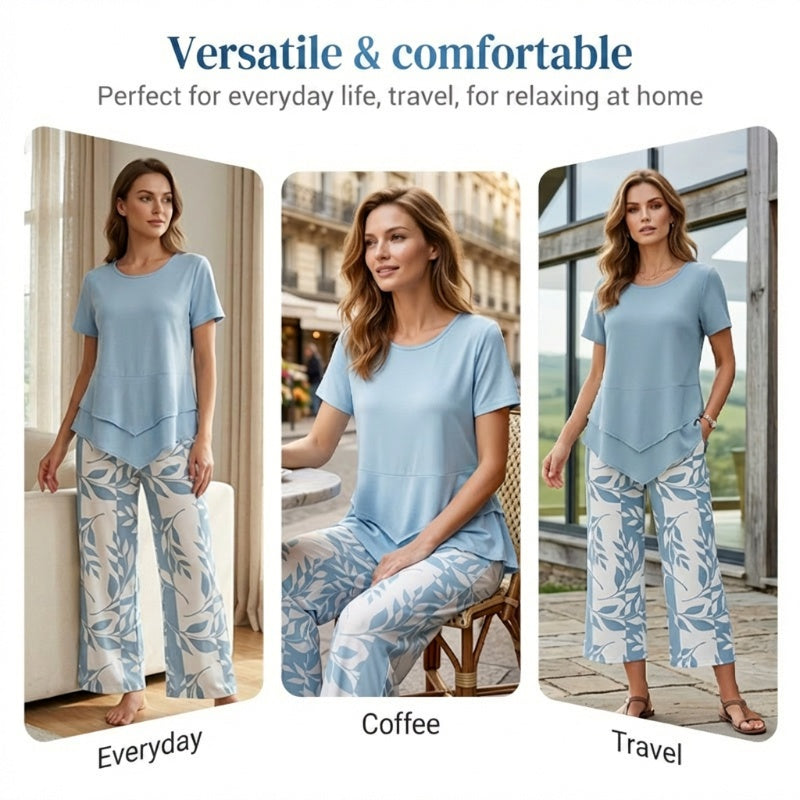 Casual 2-Piece Set – Layered Tunic Top & Printed Wide-Leg Pants, Lightweight Polyester