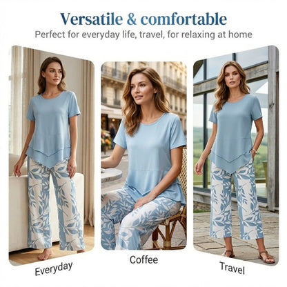 Casual 2-Piece Set – Layered Tunic Top & Printed Wide-Leg Pants, Lightweight Polyester