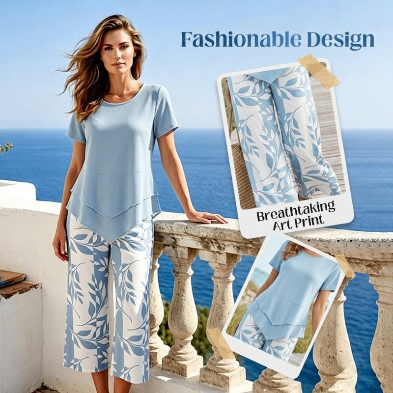 Casual 2-Piece Set – Layered Tunic Top & Printed Wide-Leg Pants, Lightweight Polyester
