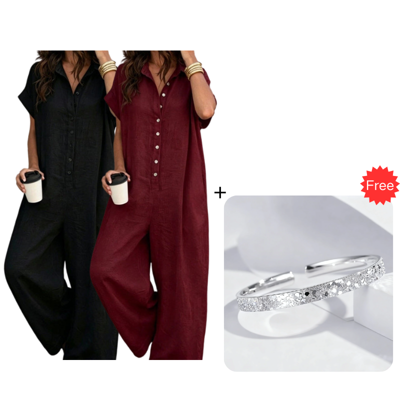 Women's Casual Loose Short Sleeve Button Jumpsuit – Comfortable, Flattering & Effortlessly Stylish