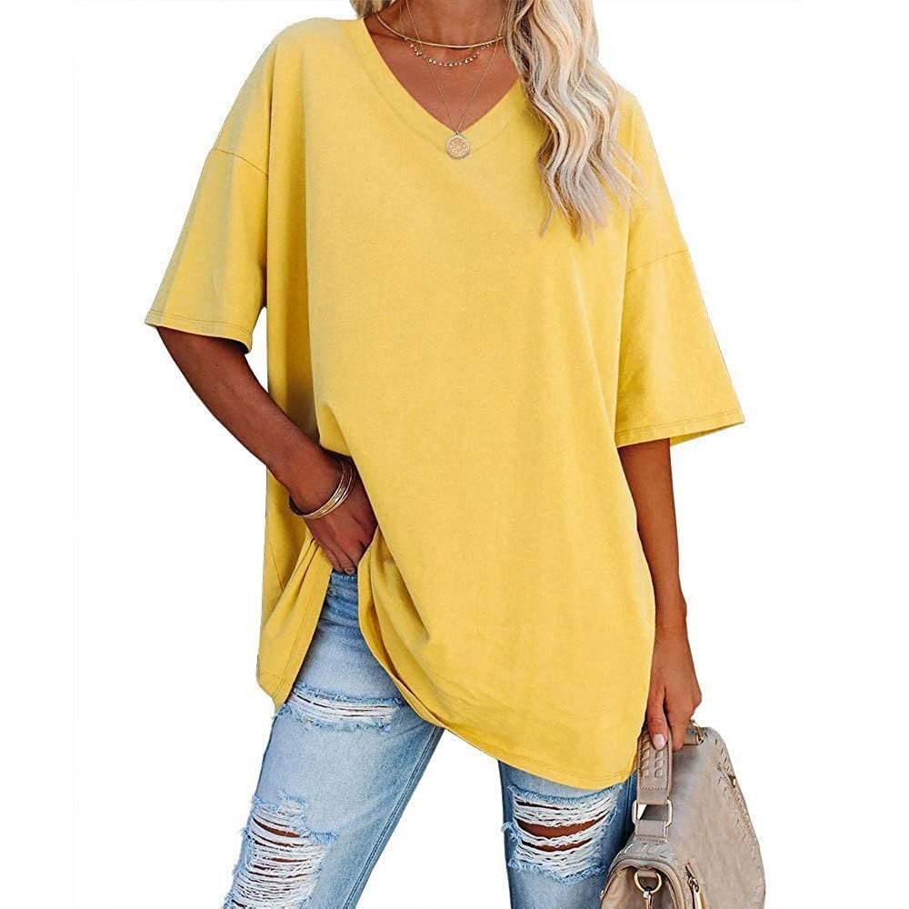 Women's Plus Size V-Neck Cotton T-Shirt – Casual Loose Fit Half-Sleeve Top