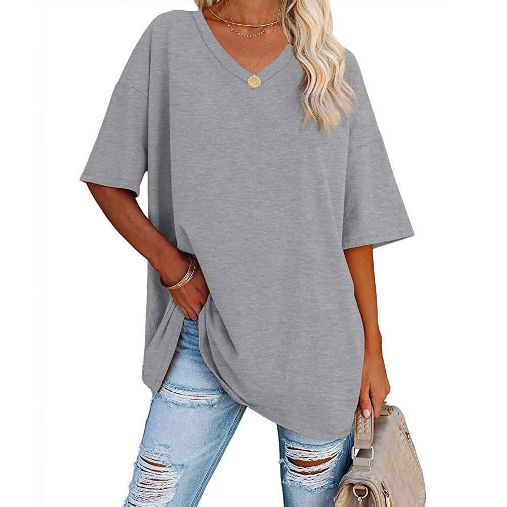 Women's Plus Size V-Neck Cotton T-Shirt – Casual Loose Fit Half-Sleeve Top